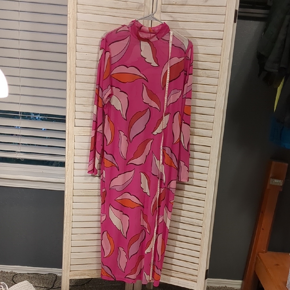 Pink and Red Leaf Patterned Women's Dress